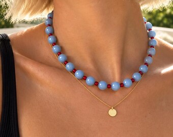 Blue Angelite Beaded necklace - with red spacers beads as accent