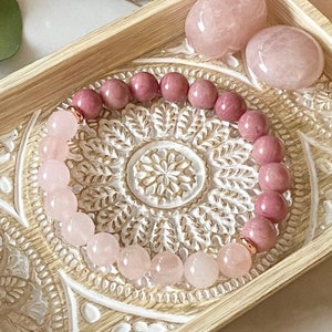 Rose Quartz & Rhodonite Bracelet – Love, Strength, Healing | 8mm Pink Crystal Gift for Her, Rose Quartz for love Rhodonite for strength