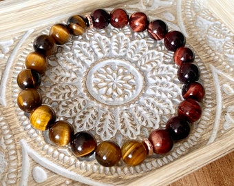 8mm Tiger's Eye & Red Tigler's Eye Beaded Bracelet, Energize and Protect Bracelet, Confidence Boosting, Vibrational Energy, Mindfulness Gift