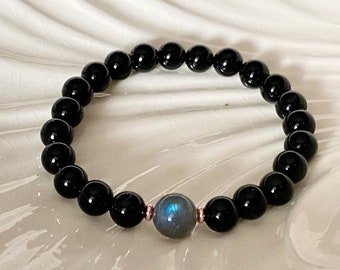 8mm Black Tourmaline & 10mm Labradorite healing beaded gemstone crystal grounding yoga bracelet. Reducing anxiety and stress