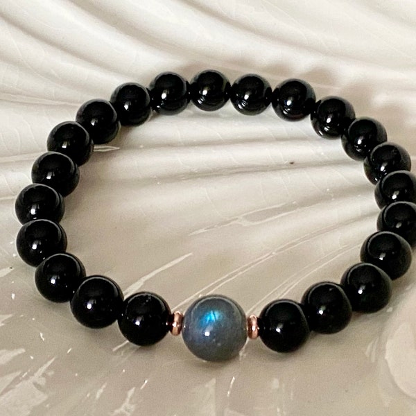 8mm Black Tourmaline & 10mm Labradorite healing beaded gemstone crystal grounding yoga bracelet. Reducing anxiety and stress