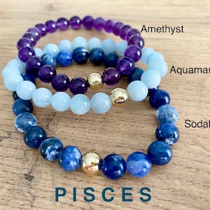 Zodiac Pisces Crystal Protection Bracelet - 3 pack Natural Gemstone - Sodalite, Aquamarine, Amethyst