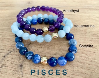 Zodiac Pisces Crystal Protection Bracelet - 3 pack Natural Gemstone - Sodalite, Aquamarine, Amethyst