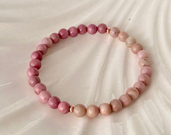6mm Light & Dark Rhodonite Hand-Picked Beaded Bracelet, Pink Gemstone Bracelet, Love Energy Stone, Balance Yin-Yang, Heart Charka meditation