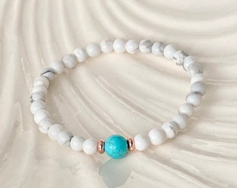 4mm Howlite & 6mm Turquoise Beaded Bracelet, White and Blue Gemstone Bracelet, Meditation and Healing Energy, Crystal Collector Bracelet