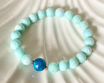 Natural AA Amazonite + Blue Apatite Healing gemstone crystal wrist mala bracelet Focused Intention, calming energy protection, Manifestation