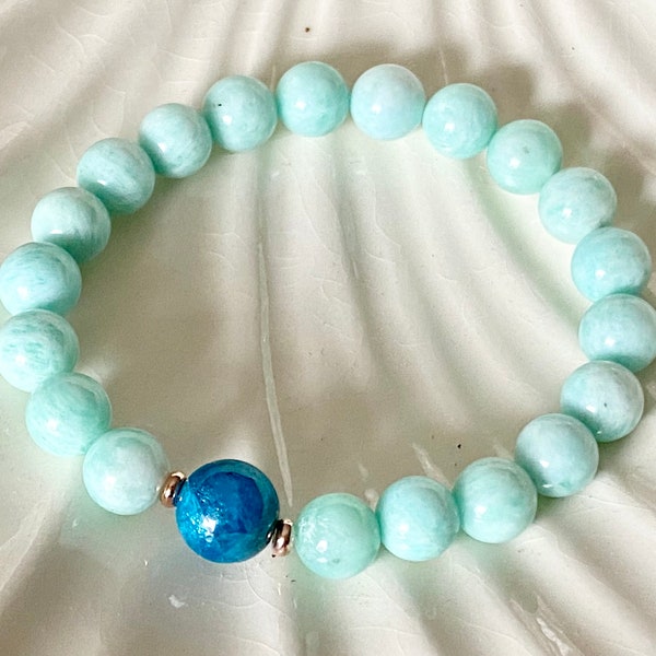 Natural AA Amazonite + Blue Apatite Healing gemstone crystal wrist mala bracelet Focused Intention, calming energy protection, Manifestation