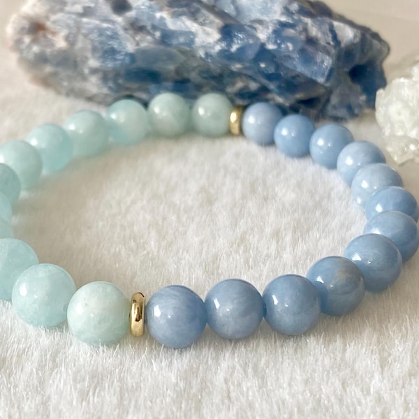 Aquamarine & Blue Angelite Crystal Bracelet | Calming and Healing Energy Gemstone