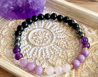 6mm Natural Lepidolite, Amethyst, Black Tourmaline, Empath Healing Protection Beaded Bracelet.