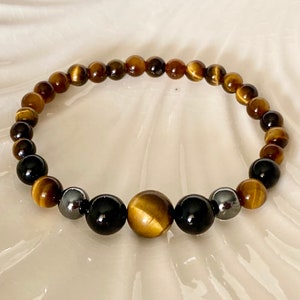 Powerful Triple Protection bracelet - Tiger's Eye, Obsidian and Hematite shield against negative energies and promotes safety and grounding