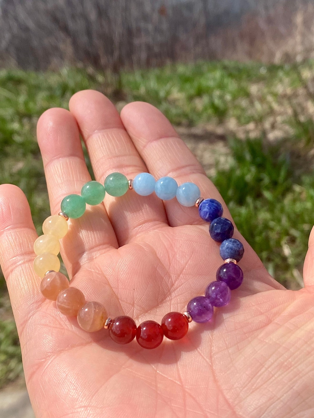 8mm Chakra Rainbow Crystal Bracelet, Green Aventurine, Yellow Jade