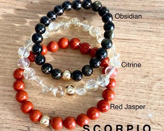 Zodiac Scorpio Crystal Protection Bracelet - 3 pack Natural Gemstone - Obsidian, Citrine, Red Jasper