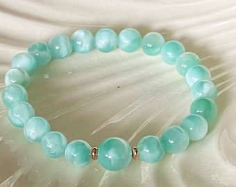 8mm AA Rare Natural Brazilian Green Moonstone Heart Chakra Healing Love Bracelet - Calming, soothing energy for Emotional Balance Mala