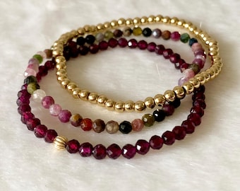 Garnet & Tourmaline Bracelet Set: 14k Gold-Filled Crystal Healing Jewelry
