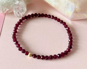 Faceted Garnet Bead Bracelet - Deep Red Genuine Gemstone