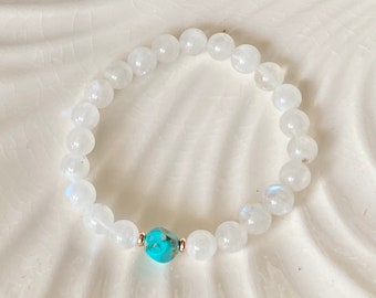 7mm Moonstone AAA grade blue flash & Cube Turquoise Crystal Bracelet, Inner Clarity and Feminine Gemstone Bracelet