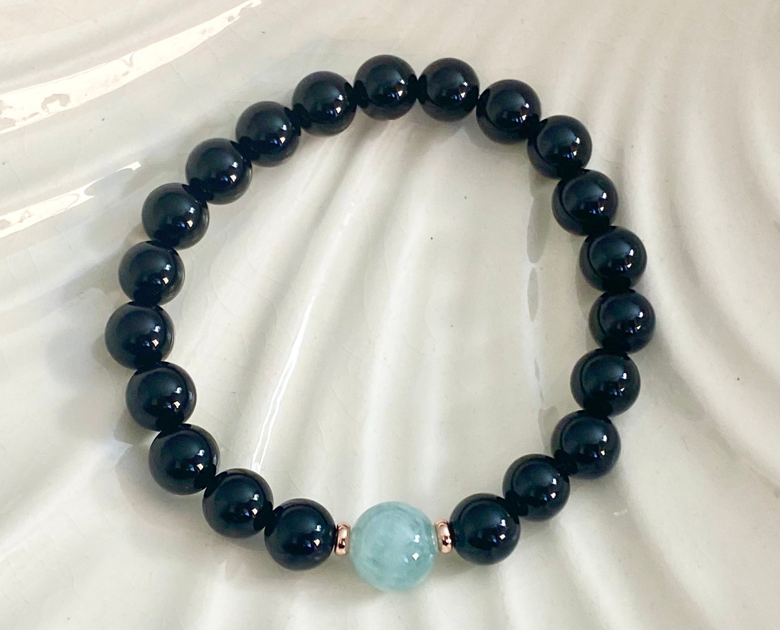 8mm Black Tourmaline & 10mm Green Aquamarine Beaded Bracelet
