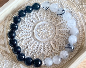 Black Tourmaline & Tourmalinated Quartz Bracelet: Double Protection Beaded Bracelet