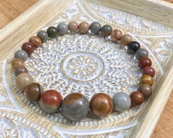 Natural Ocean Jasper Crystal Bead Bracelet, Brown Gemstone Bracelet, Positive Energy, Spiritual Growth & Inner Wisdom, Daily Boho Yoga Mala