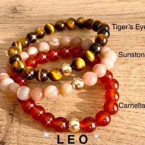 Zodiac Leo Crystal Protection Bracelet - 3 pack Natural Gemstone - Tiger’s Eye, Sunstone, Carnelian