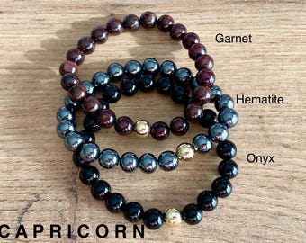 Zodiac Capricorn Crystal Protection Bracelet - 3 pack Natural Gemstone - Garnet, Onyx, Hematite