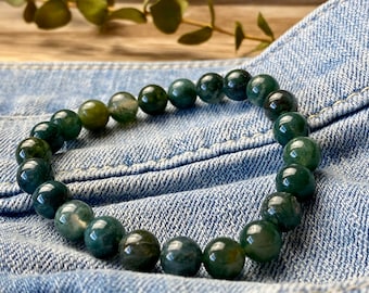 8mm Moss Agate Bracelet, Mens beaded bracelet. Unisex Bracelet, Gift for husband or boyfriend.