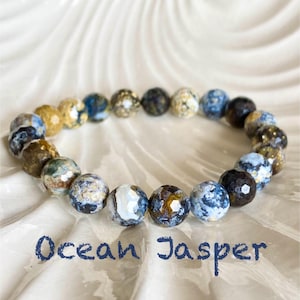Bracelet rare en cristal de jaspe océanique : 10 mm de pierre précieuse de guérison à facettes