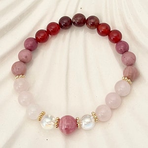 Love Crytal Genuine Gemstone Beaded Bracelet, Rose Quartz, Rhodochrosite and Rhodonite, Love Vibes Attraction Bracelet, Gift for her.