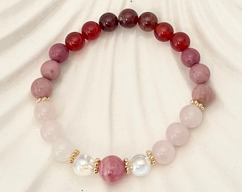 Love Crytal Genuine Gemstone Beaded Bracelet, Rose Quartz, Rhodochrosite and Rhodonite, Love Vibes Attraction Bracelet, Gift for her.