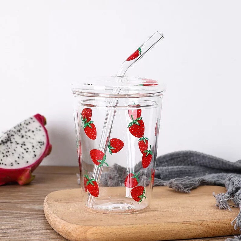 Strawberry printed glass cup tumbler with straw and lid hot | Etsy