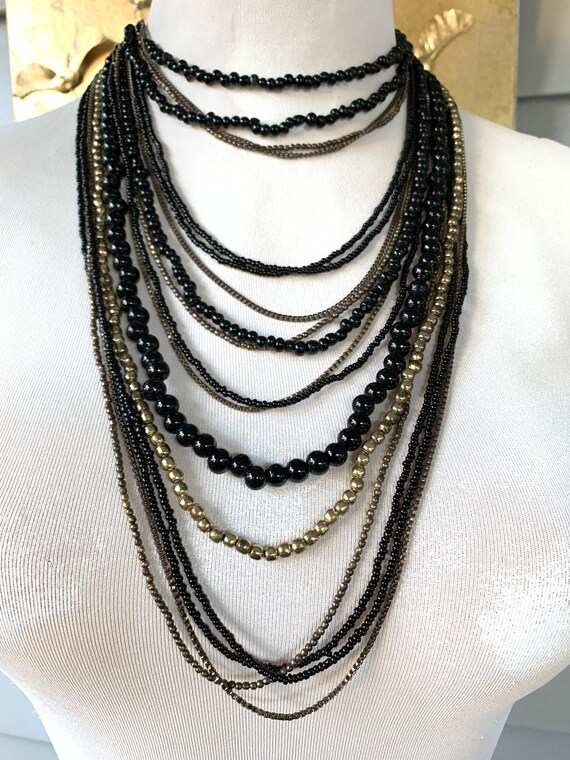 Vintage Multistrand Brass and Glass Necklace Multi… Gem