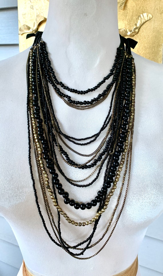 Vintage Multistrand Brass and Glass Necklace Multi… Gem
