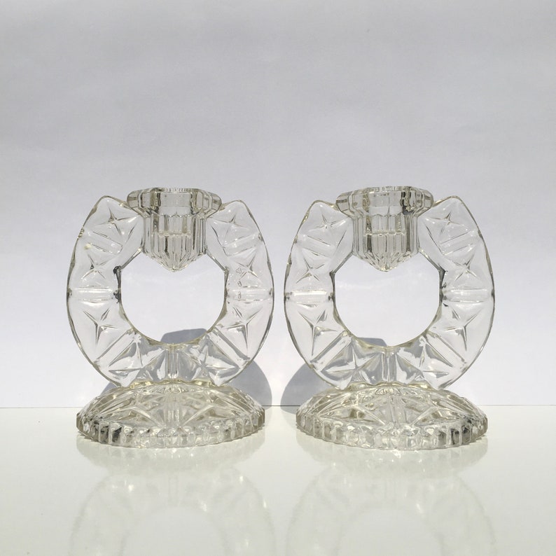 Art Deco Pair Rosice Candlestick Holders Clear Glass Horse Shoe