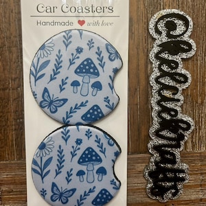 Blue Mushroom & Floral Neoprene Car Coasters – Sublimation Printed Car Cup-Holder Inserts – Cottagecore Mushroom Car Accessories – Set of 2