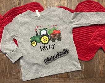 Personalized Tractor Valentine Shirt for Kids – Baby, Toddler & Youth Sizes – Boys Valentine’s Day Tractor Tee – Custom Name Shirt