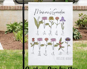 Gepersonaliseerde geboortebloementuinvlag | Tuinvlag mama of oma | Aangepaste familie geboortebloemen | Moederdag- of omacadeau