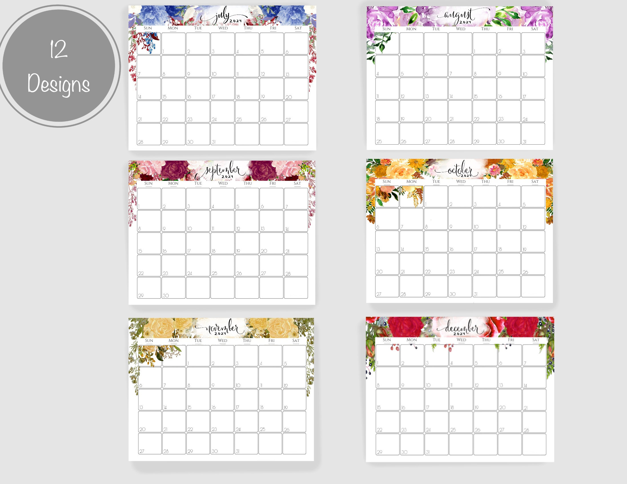 Floral Calendar 2024 Printable Digital Botanical Calendar Monthly