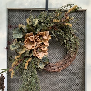 Autumn Magnolia Cascade Wreath – Golden Blooms, Cascading Greenery & Rustic Grapevine, Fall Door Decor
