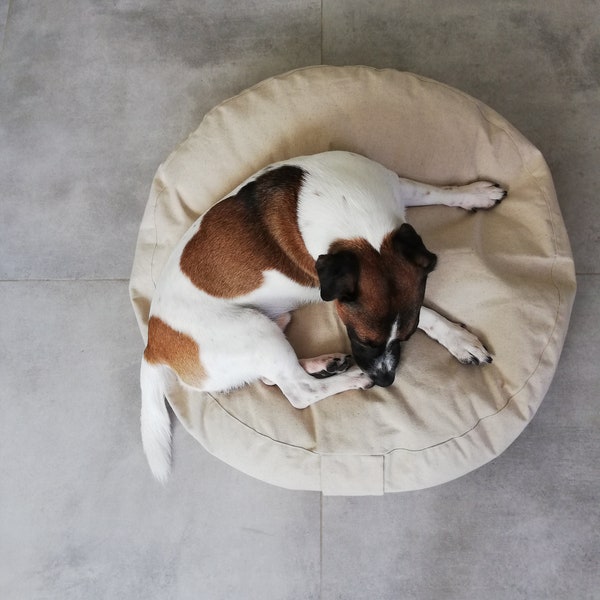 Couvre-lit pour chien rond en lin, couvre-lit pour chien lavable, couette pour lit pour chien, couvre-lit pour chien respectueux de l'environnement, couvre-lit pour chien durable à fermeture éclair