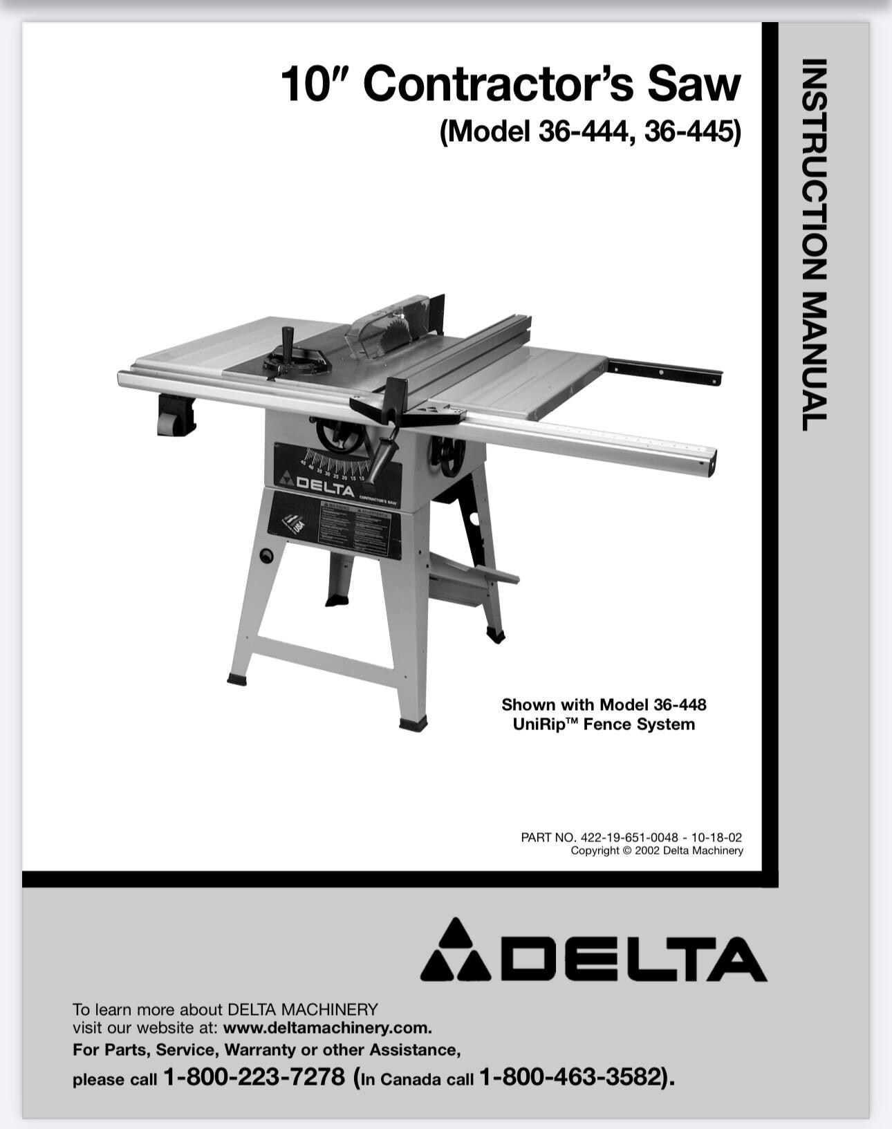 DELTA 10" Contractor's Table Saw 34-444 Manual - Reproduction Instructions & Parts Guide