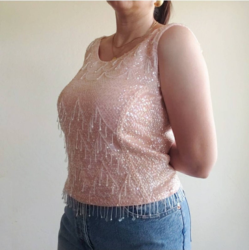Vintage 60/'s Pink Sequin Beaded Blouse Large