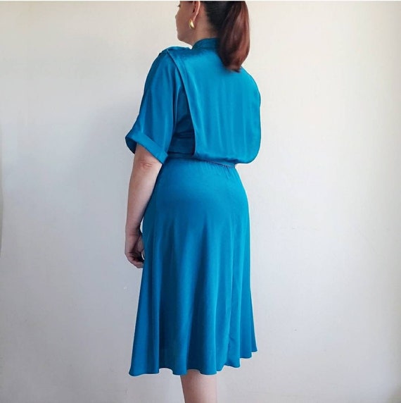 Vintage 80's Blouson Midi Dress Turquoise & Red - image 5