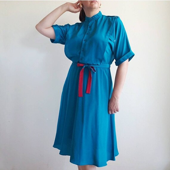 Vintage 80's Blouson Midi Dress Turquoise & Red - image 1