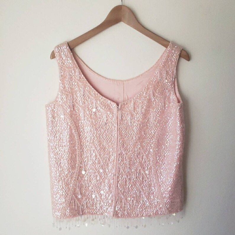Vintage 60/'s Pink Sequin Beaded Blouse Large