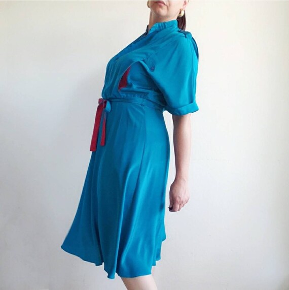 Vintage 80's Blouson Midi Dress Turquoise & Red - image 2