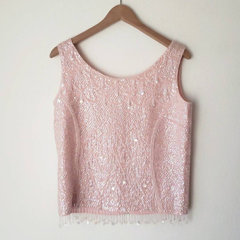 Vintage 60/'s Pink Sequin Beaded Blouse Large
