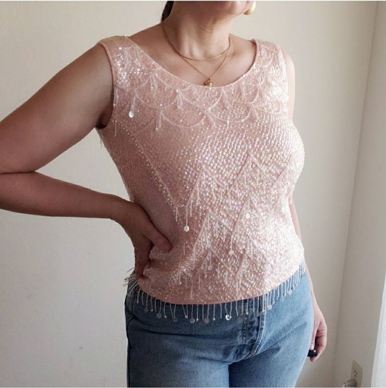 Vintage 60/'s Pink Sequin Beaded Blouse Large