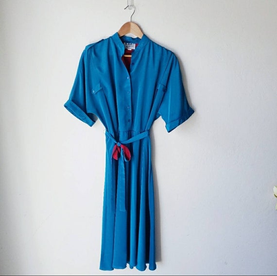 Vintage 80's Blouson Midi Dress Turquoise & Red - image 6