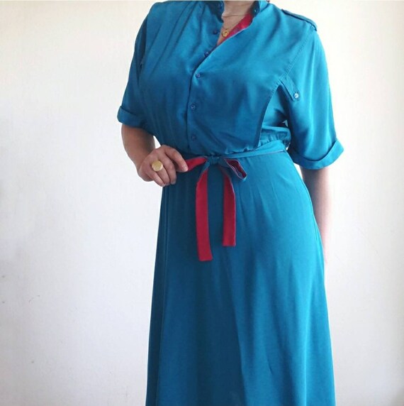 Vintage 80's Blouson Midi Dress Turquoise & Red - image 4