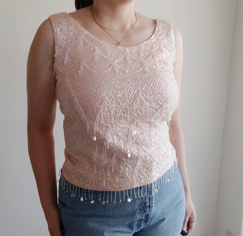 Vintage 60/'s Pink Sequin Beaded Blouse Large